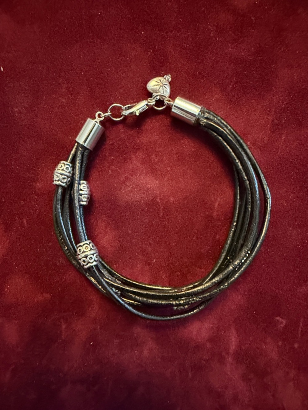 Black Multi-Strand Leather Bracelet with Silver Accent Beads